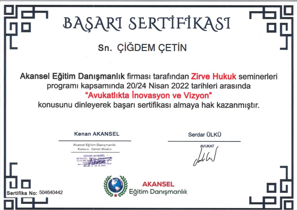 Av. Çiğdem Çetin Sertifika 17