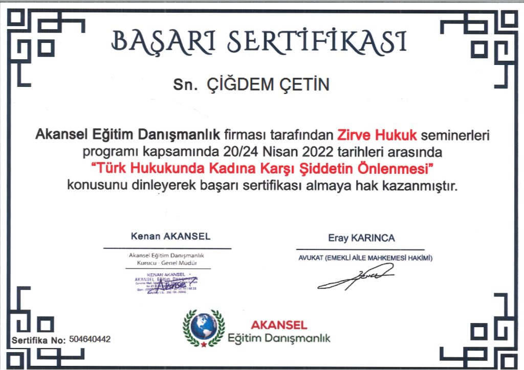 Av. Çiğdem Çetin Sertifika 58