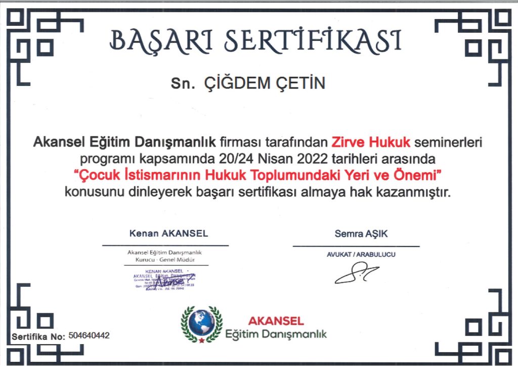Av. Çiğdem Çetin Sertifika 71