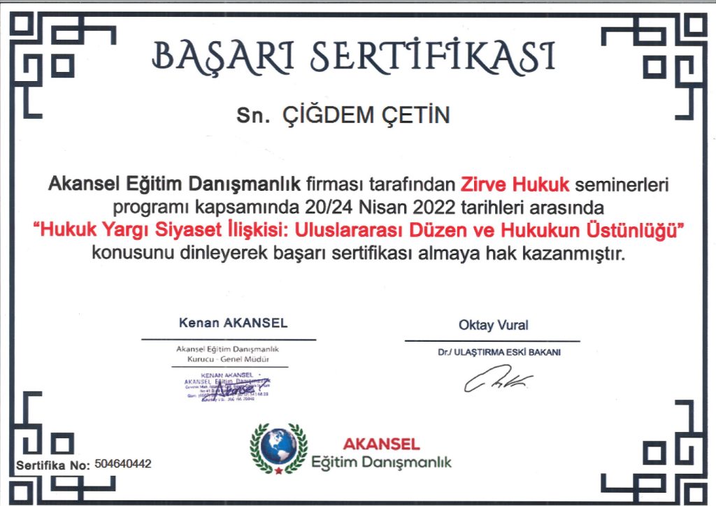 Av. Çiğdem Çetin Sertifika 75