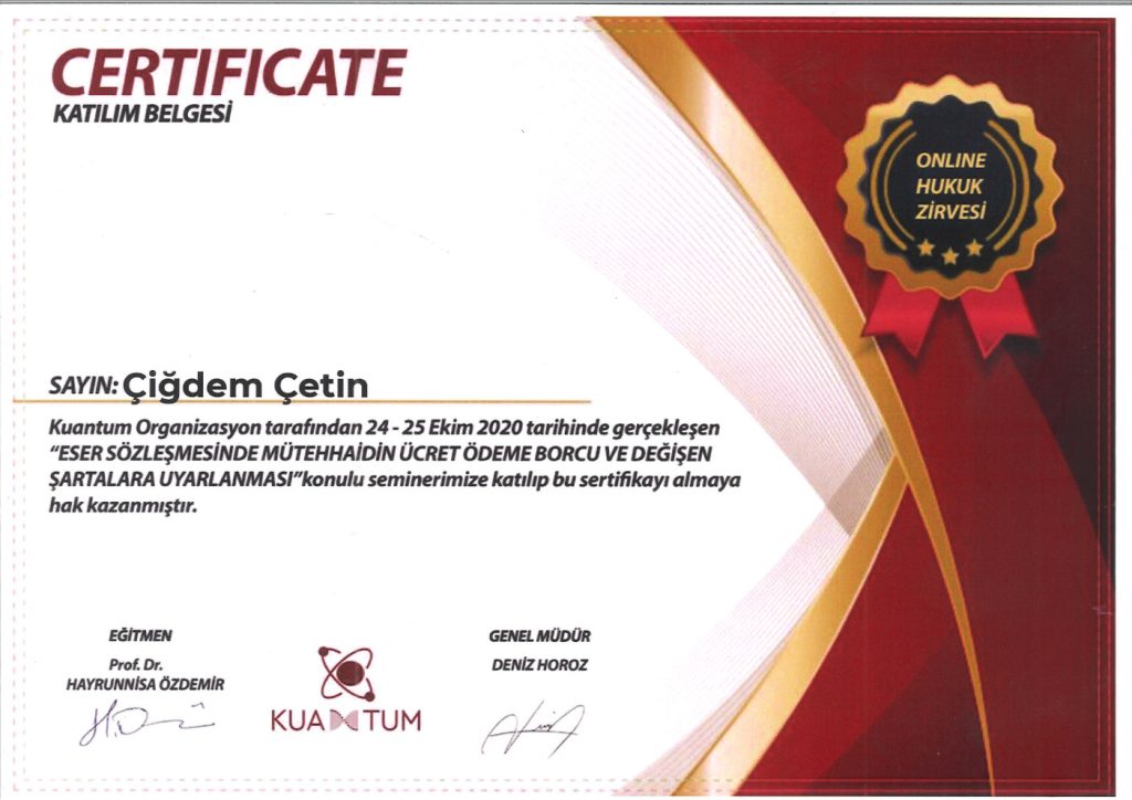 Av. Çiğdem Çetin Sertifika 85