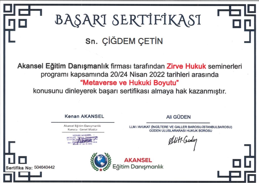 Av. Çiğdem Çetin Sertifika 95